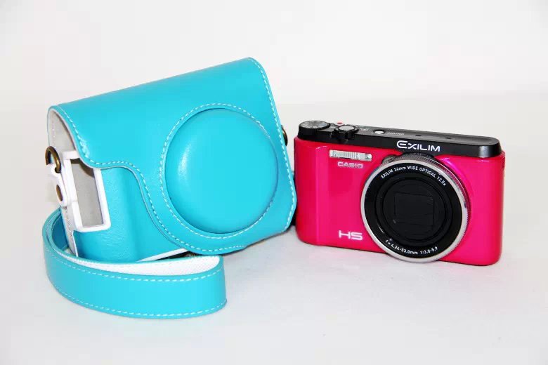 PU Leather Camera Case with Shoulder Strap for Casio ZR1000/1200/1100/1500 - Blue