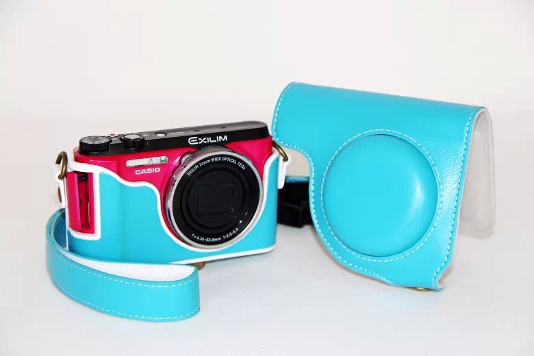 PU Leather Camera Case with Shoulder Strap for Casio ZR1000/1200/1100/1500 - Blue