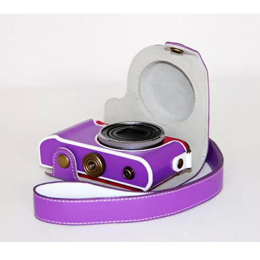 PU Leather Camera Case + Shoulder Strap for Casio ZR1000/1200/1100/1500 - Purple