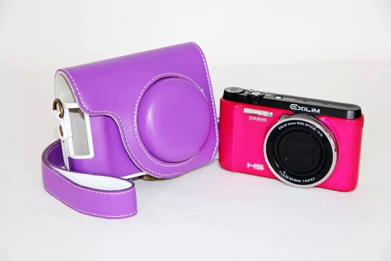 PU Leather Camera Case + Shoulder Strap for Casio ZR1000/1200/1100/1500 - Purple
