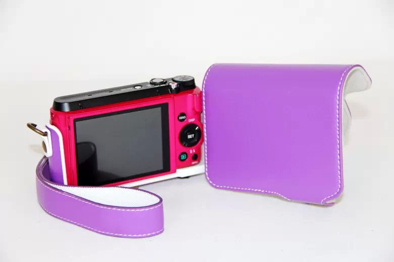 PU Leather Camera Case + Shoulder Strap for Casio ZR1000/1200/1100/1500 - Purple