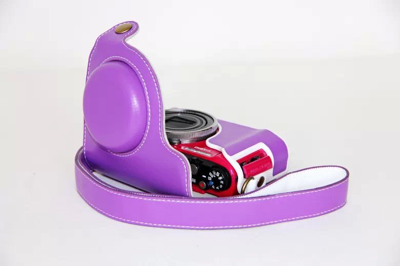 PU Leather Camera Case + Shoulder Strap for Casio ZR1000/1200/1100/1500 - Purple