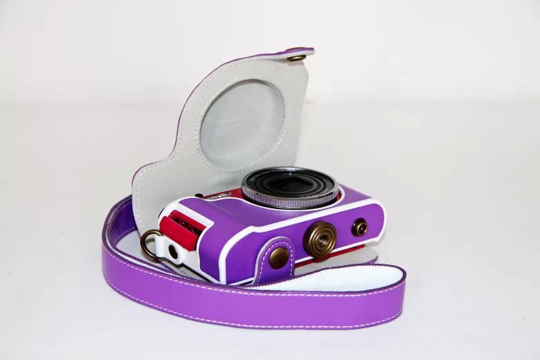 PU Leather Camera Case + Shoulder Strap for Casio ZR1000/1200/1100/1500 - Purple