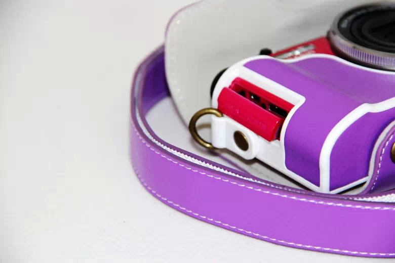 PU Leather Camera Case + Shoulder Strap for Casio ZR1000/1200/1100/1500 - Purple