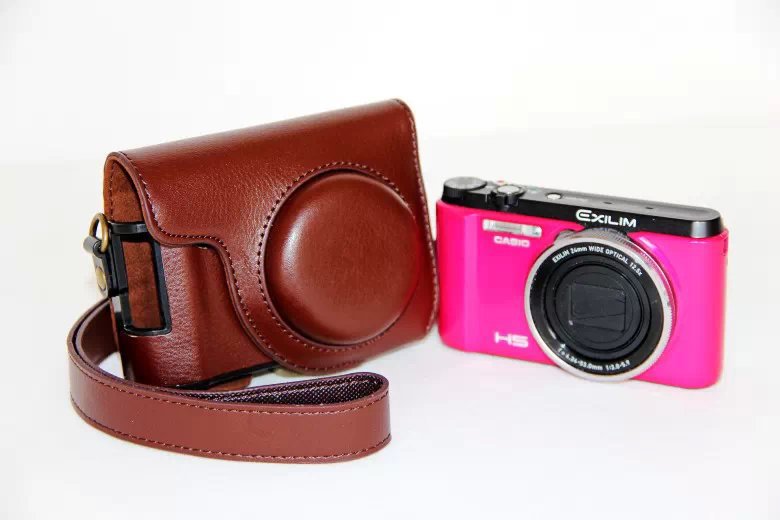 Protective PU Leather Camera Cover Casing with Shoulder Strap for Casio ZR1000/1200/1100/1500 - Coffee