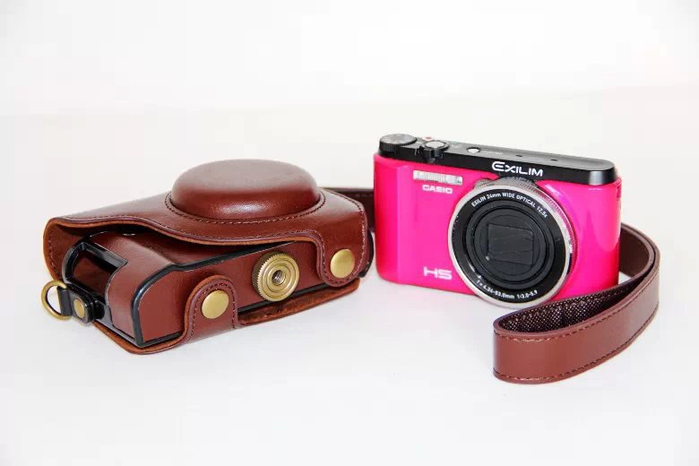 Protective PU Leather Camera Cover Casing with Shoulder Strap for Casio ZR1000/1200/1100/1500 - Coffee