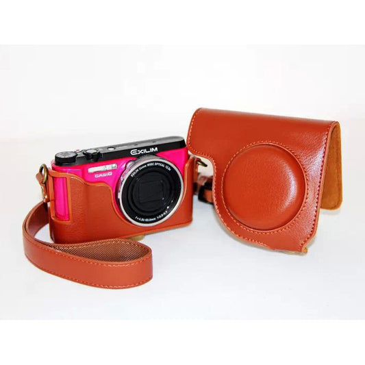 Protective PU Leather Camera Cover Casing + Shoulder Strap for Casio ZR1000/1200/1100/1500 - Brown