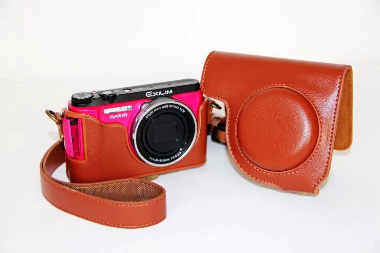 Protective PU Leather Camera Cover Casing + Shoulder Strap for Casio ZR1000/1200/1100/1500 - Brown