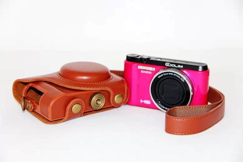 Protective PU Leather Camera Cover Casing + Shoulder Strap for Casio ZR1000/1200/1100/1500 - Brown
