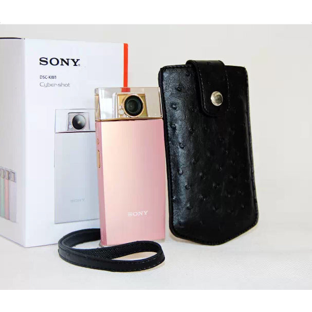Ostrich Texture Vertical Leather Pouch Case with Hand Strap for Casio TR500 Sony KW1 - Black
