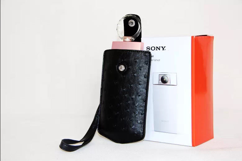 Ostrich Texture Vertical Leather Pouch Case with Hand Strap for Casio TR500 Sony KW1 - Black