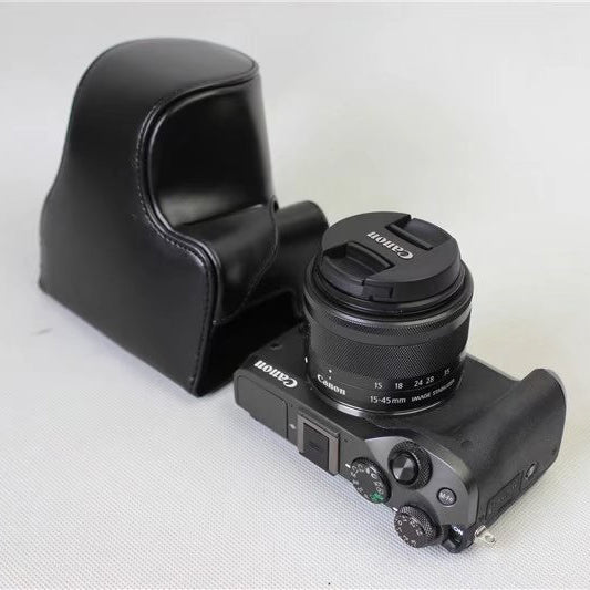 Detachable PU Leather Camera Case + Strap for Canon EOS M6 (15-45mm) - Black