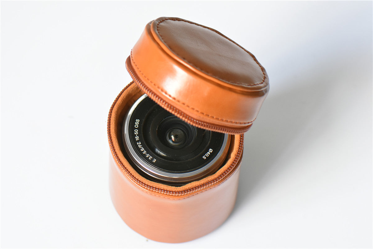 Camera Lens PU Leather Bag Cover for Nikon Canon Sony Fujifilm etc - Size: M / Brown