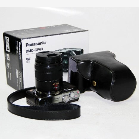 Detachable PU Leather Camera Bag Cover + Strap for Panasonic GF6 with 14-42mm Lens - Black