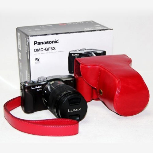 Detachable PU Leather Camera Pouch Case + Strap for Panasonic GF6 with 14-42mm Lens - Red
