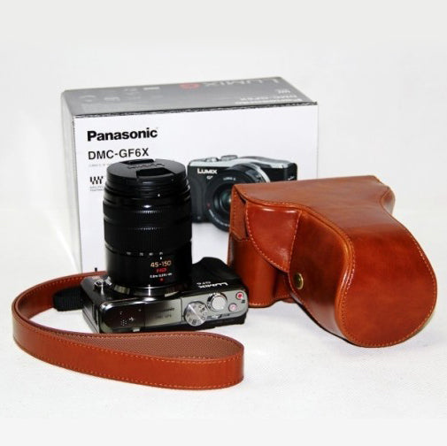 Detachable PU Leather Camera Protective Bag + Strap for Panasonic GF6 with 14-42mm Lens - Brown
