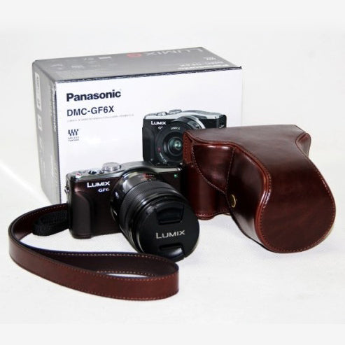 Detachable PU Leather Camera Case + Strap for Panasonic GF6 with 14-42mm Lens - Coffee