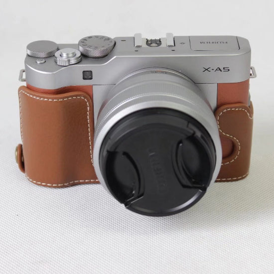 Genuine Cowhide Leather Half Case Cover for Fujifilm X-A5 Digital Camera - Brown