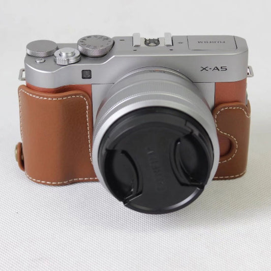 Genuine Cowhide Leather Half Case Cover for Fujifilm X-A5 Digital Camera - Brown