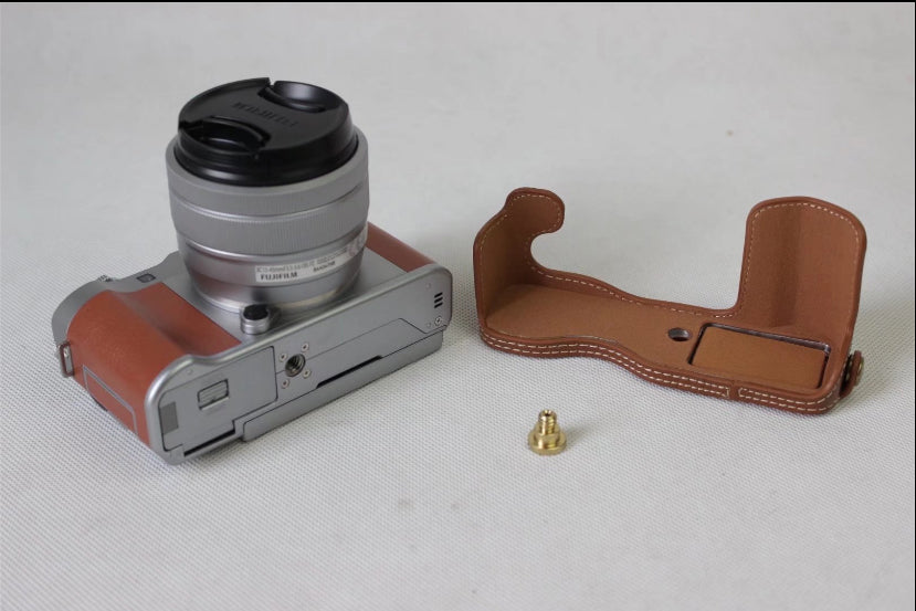 Genuine Cowhide Leather Half Case Cover for Fujifilm X-A5 Digital Camera - Brown