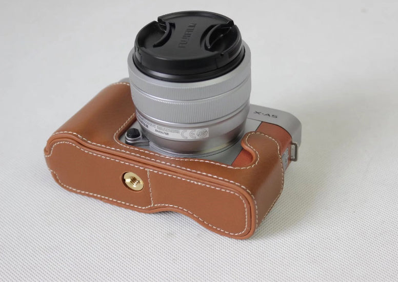 Genuine Cowhide Leather Half Case Cover for Fujifilm X-A5 Digital Camera - Brown