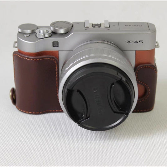 Genuine Cowhide Leather Half Protective Bag for Fujifilm X-A5 Digital Camera - Coffee