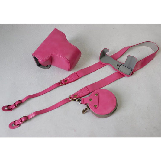 PU Leather Protective Cover + Strap + Camera Lens Bag for Fujifilm XA5 XA20 Camera - Rose