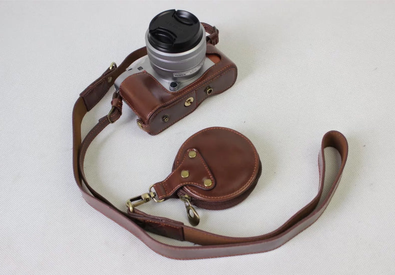 PU Leather Protective Bag Shell + Strap + Camera Lens Bag for Fujifilm XA5 XA20 Camera - Coffee