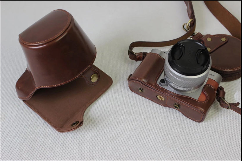 PU Leather Protective Bag Shell + Strap + Camera Lens Bag for Fujifilm XA5 XA20 Camera - Coffee