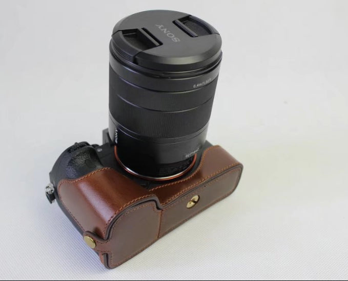 Top Layer Genuine Leather Half Camera Pouch Case for Sony ILCE-9/A9/A7RIII Camera - Brown