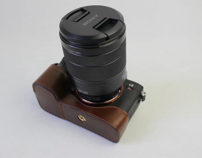 Top Layer Genuine Leather Half Camera Pouch Case for Sony ILCE-9/A9/A7RIII Camera - Brown