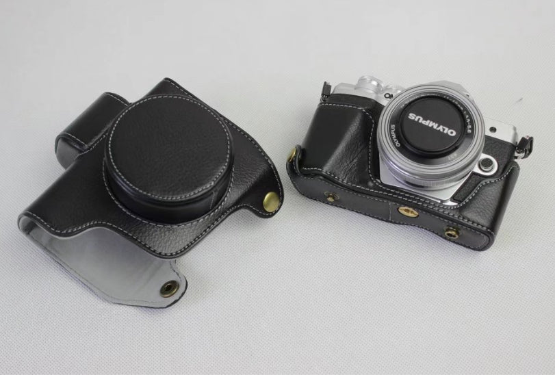 Genuine Cowhide Leather Camera Protection Case for Olympus OMD E-M10III - Black
