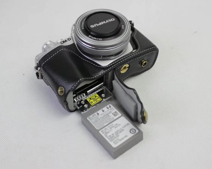 Genuine Cowhide Leather Camera Protection Case for Olympus OMD E-M10III - Black