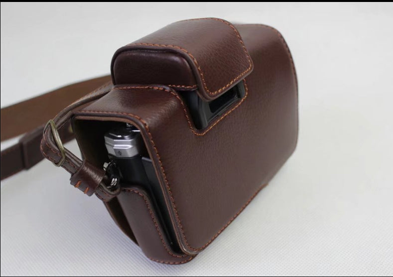 Genuine Cowhide Leather Camera Protection Cover Bag for Olympus OMD E-M10III - Coffee