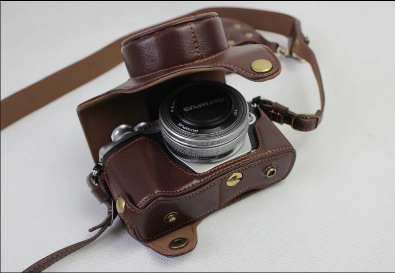 Genuine Cowhide Leather Camera Protection Cover Bag for Olympus OMD E-M10III - Coffee