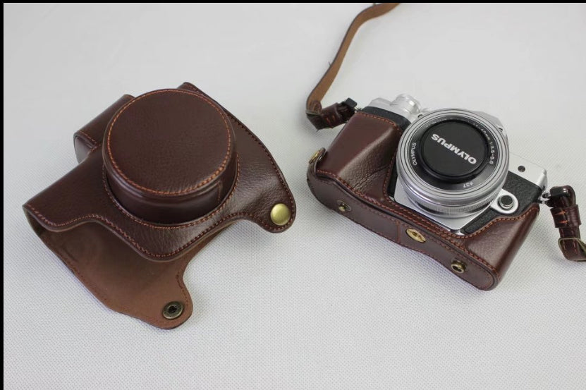 Genuine Cowhide Leather Camera Protection Cover Bag for Olympus OMD E-M10III - Coffee