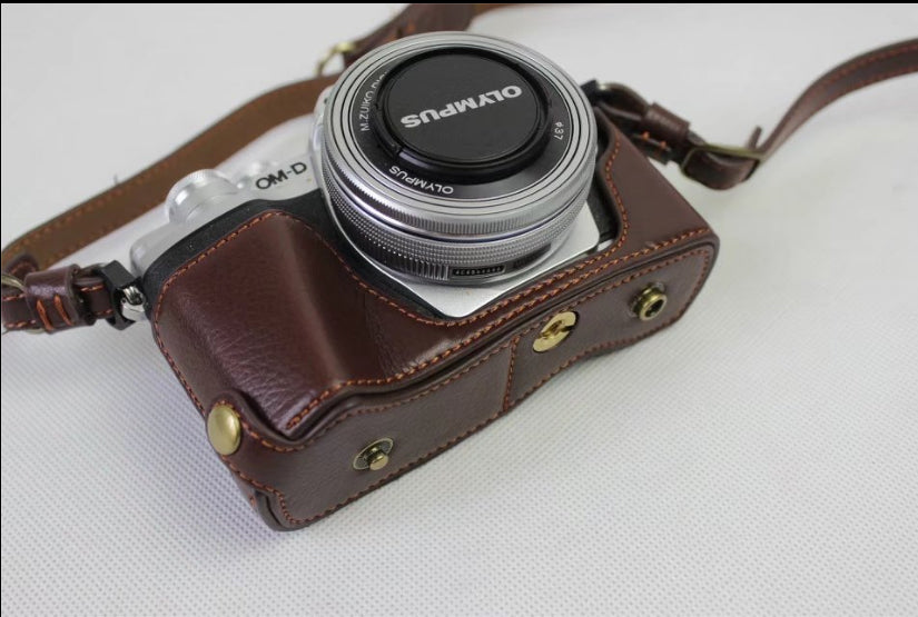 Genuine Cowhide Leather Camera Protection Cover Bag for Olympus OMD E-M10III - Coffee