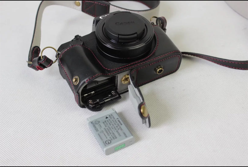 PU Leather Protection Case Bag + Strap + Camera Lens Bag for Canon Powershot G1XIII - Black