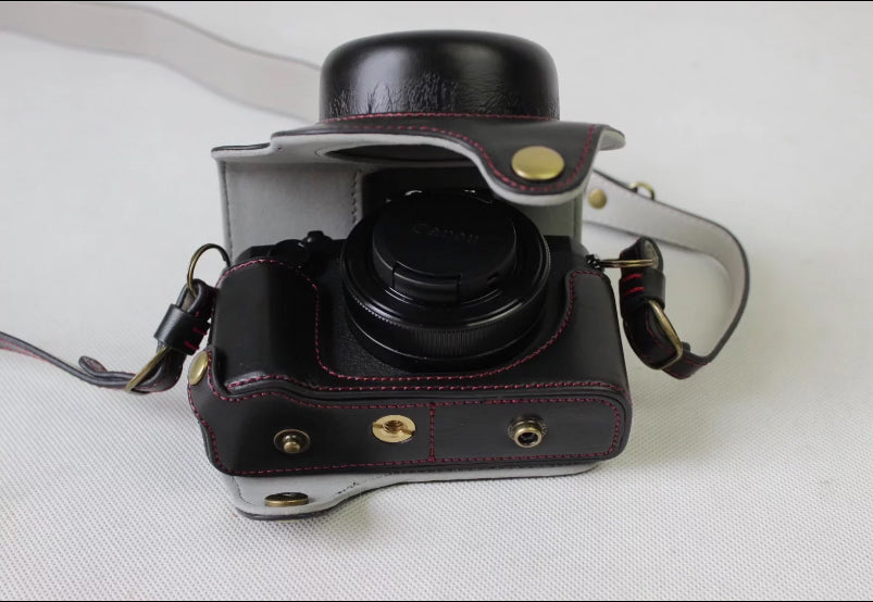 PU Leather Protection Case Bag + Strap + Camera Lens Bag for Canon Powershot G1XIII - Black