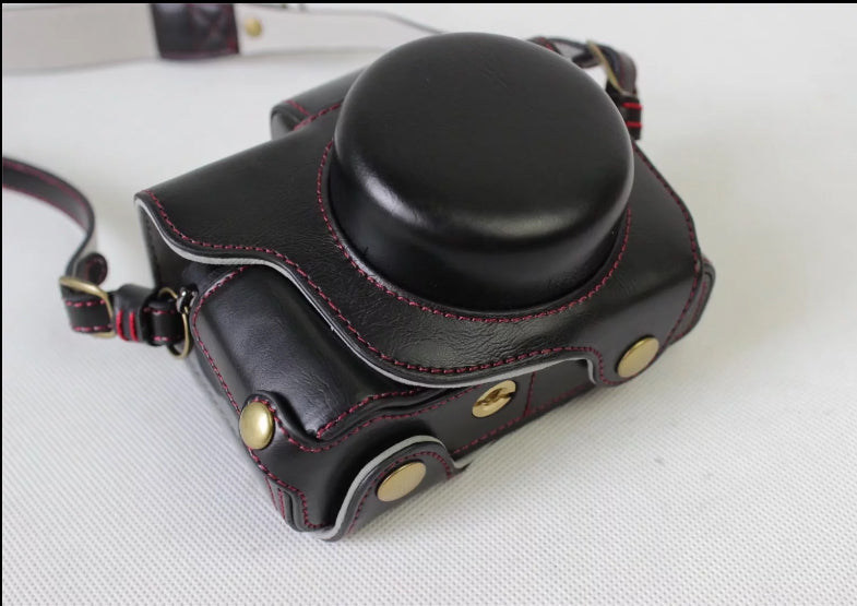 PU Leather Protection Case Bag + Strap + Camera Lens Bag for Canon Powershot G1XIII - Black