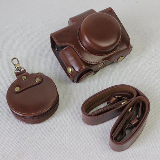 PU Leather Protection Pouch Case + Strap + Camera Lens Bag for Canon Powershot G1XIII - Coffee