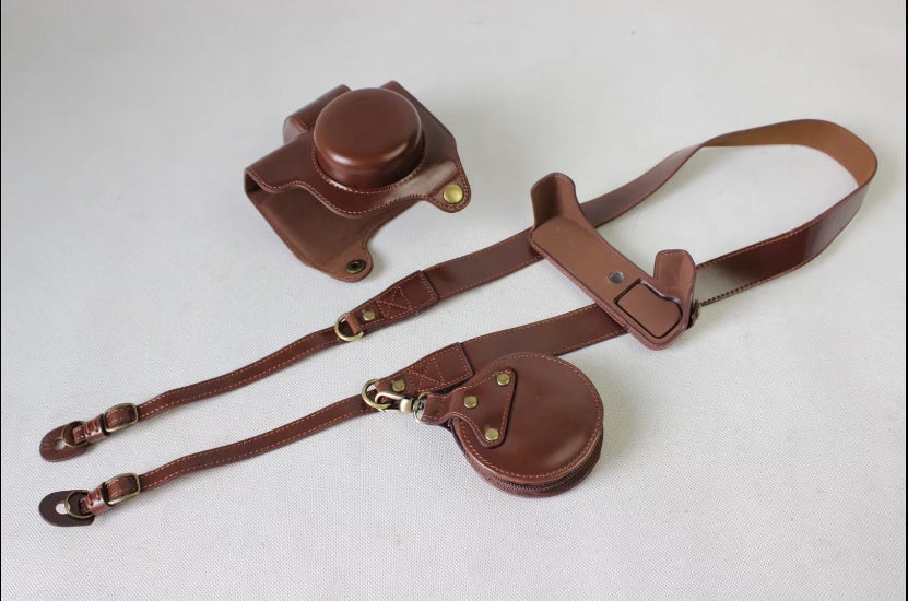 PU Leather Protection Pouch Case + Strap + Camera Lens Bag for Canon Powershot G1XIII - Coffee