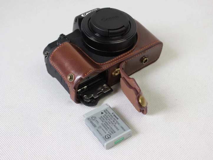 PU Leather Protection Pouch Case + Strap + Camera Lens Bag for Canon Powershot G1XIII - Coffee