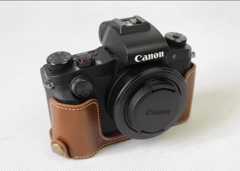 PU Leather Half Camera Cover Bag for Canon Powershot G1XIII - Brown