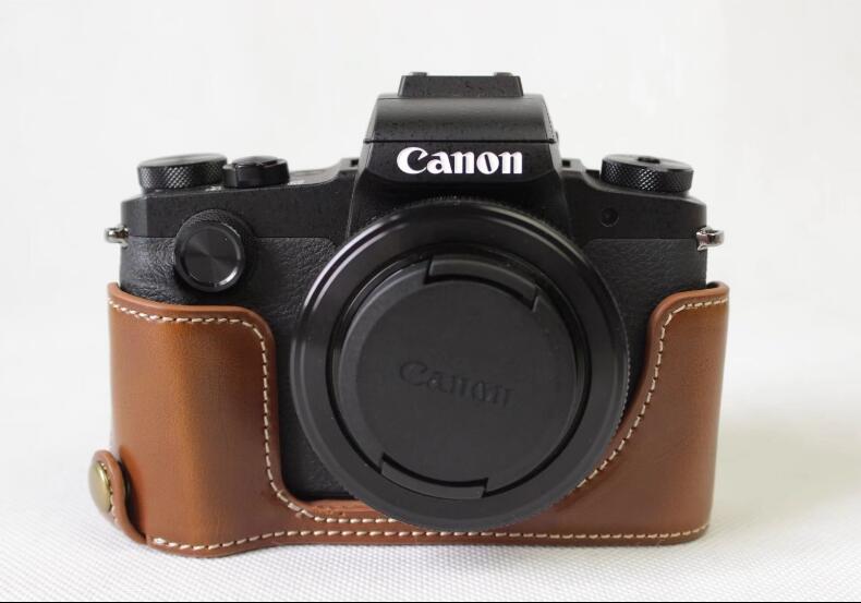 PU Leather Half Camera Cover Bag for Canon Powershot G1XIII - Brown