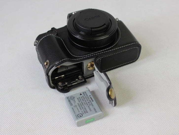 Genuine Leather Half Camera Case Bag Cover Protector for Canon G1X Mark III - Black