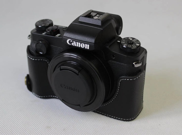 Genuine Leather Half Camera Case Bag Cover Protector for Canon G1X Mark III - Black
