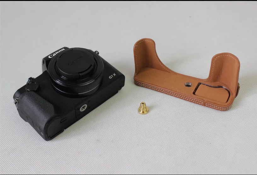 Genuine Leather Half Camera Case Bag Protector for Canon G1X Mark III - Brown