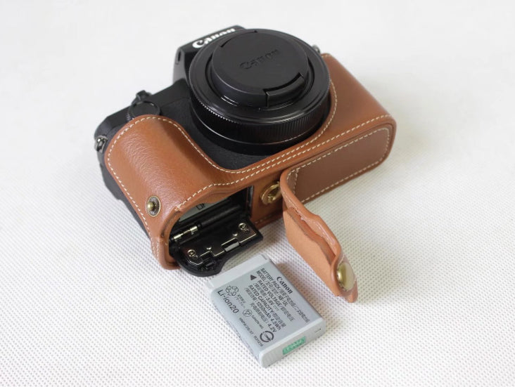 Genuine Leather Half Camera Case Bag Protector for Canon G1X Mark III - Brown