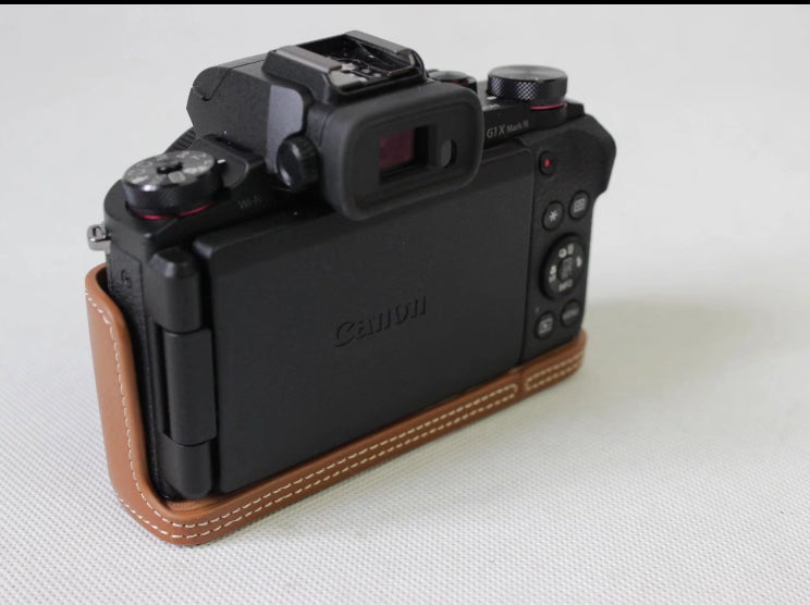 Genuine Leather Half Camera Case Bag Protector for Canon G1X Mark III - Brown
